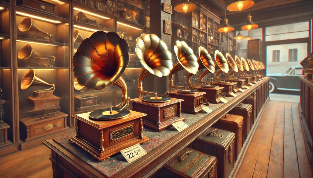 A hyper-realistic image of a collection of antique gramophones, or gramolas, displayed in a vintage antique store. The gramolas are arranged on elegant wooden shelves, showing various models from different decades. Each gramola has a small tag indicating its price, highlighting their value in today's collector's market. The scene is warmly lit, with retro decor in the background, and the atmosphere exudes a sense of historical charm and nostalgia.