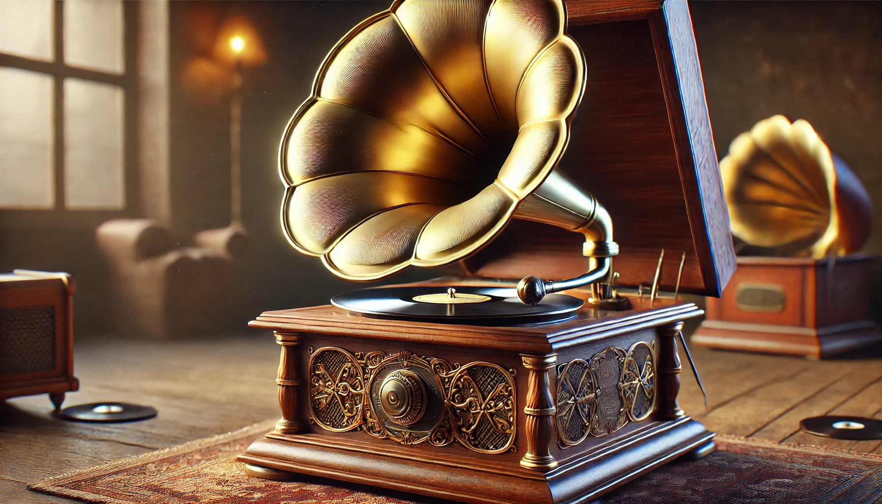 A hyper-realistic close-up of a classic gramophone, or gramola, highlighting the large brass horn and intricately carved wooden base. The gramola is shown in operation with a vinyl record spinning on the turntable. The setting is in a warmly lit vintage room, evoking a sense of nostalgia. The texture and craftsmanship of the materials are clearly visible, giving an educational insight into what a gramola is.