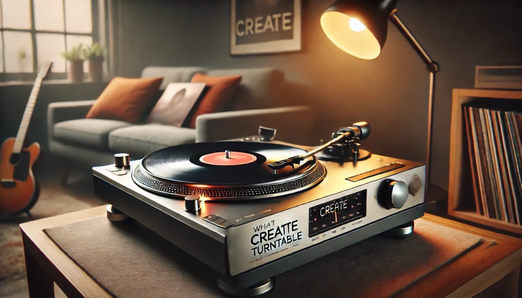 A hyper-realistic, rectangular image for an article titled 'What is a Create Turntable?' The image shows a close-up of a Create turntable, highlighting design elements such as the tonearm, control panel, and Create branding on the platter. The turntable is set up in a cozy home environment with vinyl records subtly displayed in the background, focusing on its build quality and style. Soft lighting emphasizes the turntable’s modern and attractive design for vinyl enthusiasts.